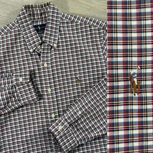 Ralph Lauren Medium Custom Fit Madras Shirt Red Long Sleeve Button Up Flesh Pony